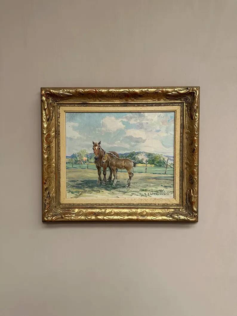 Original Vintage Swedish Oil on Panel – “Horses in a Pasture” by Einar Söderlund – Signed – Vintage & Framed