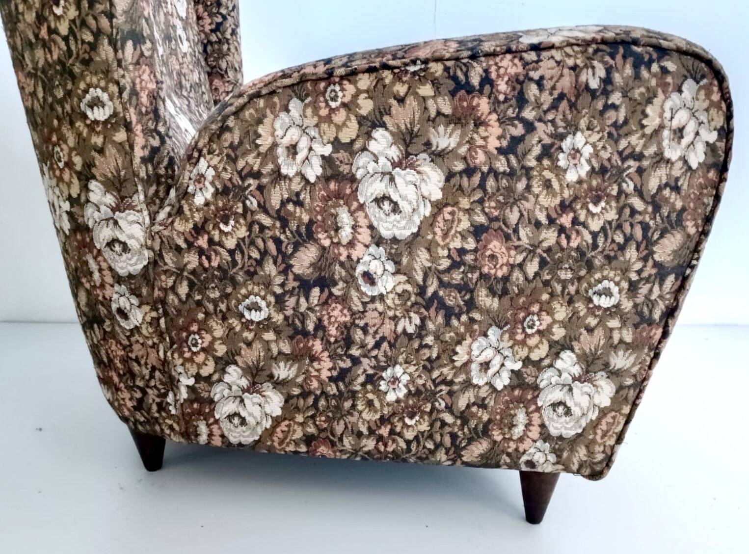 High-Quality Brown Floral Fabric Armchair attr. to Paolo Buffa, Italy