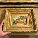 Old oil painting on farmyard panel