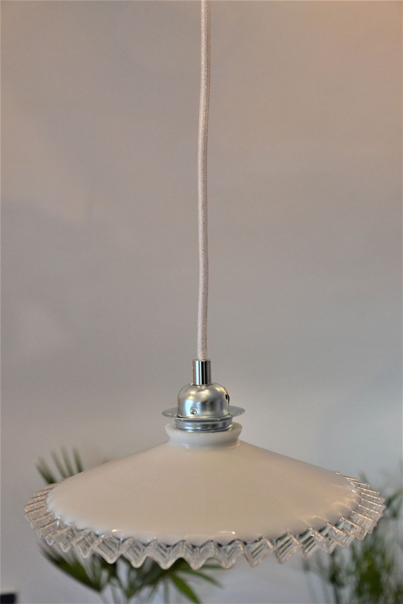 White scalloped opaline hanging and chrome metal sleeve