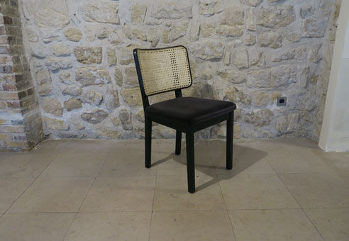 Black wood caning chair without chic grey velvet armrest