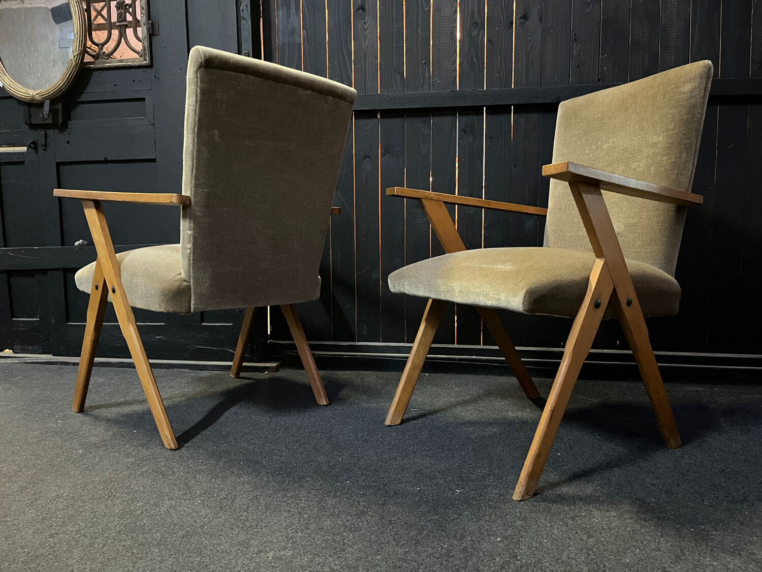 Pair of compass leg armchairs Velvet 1950