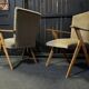 Pair of compass leg armchairs in velvet from the 1950s.