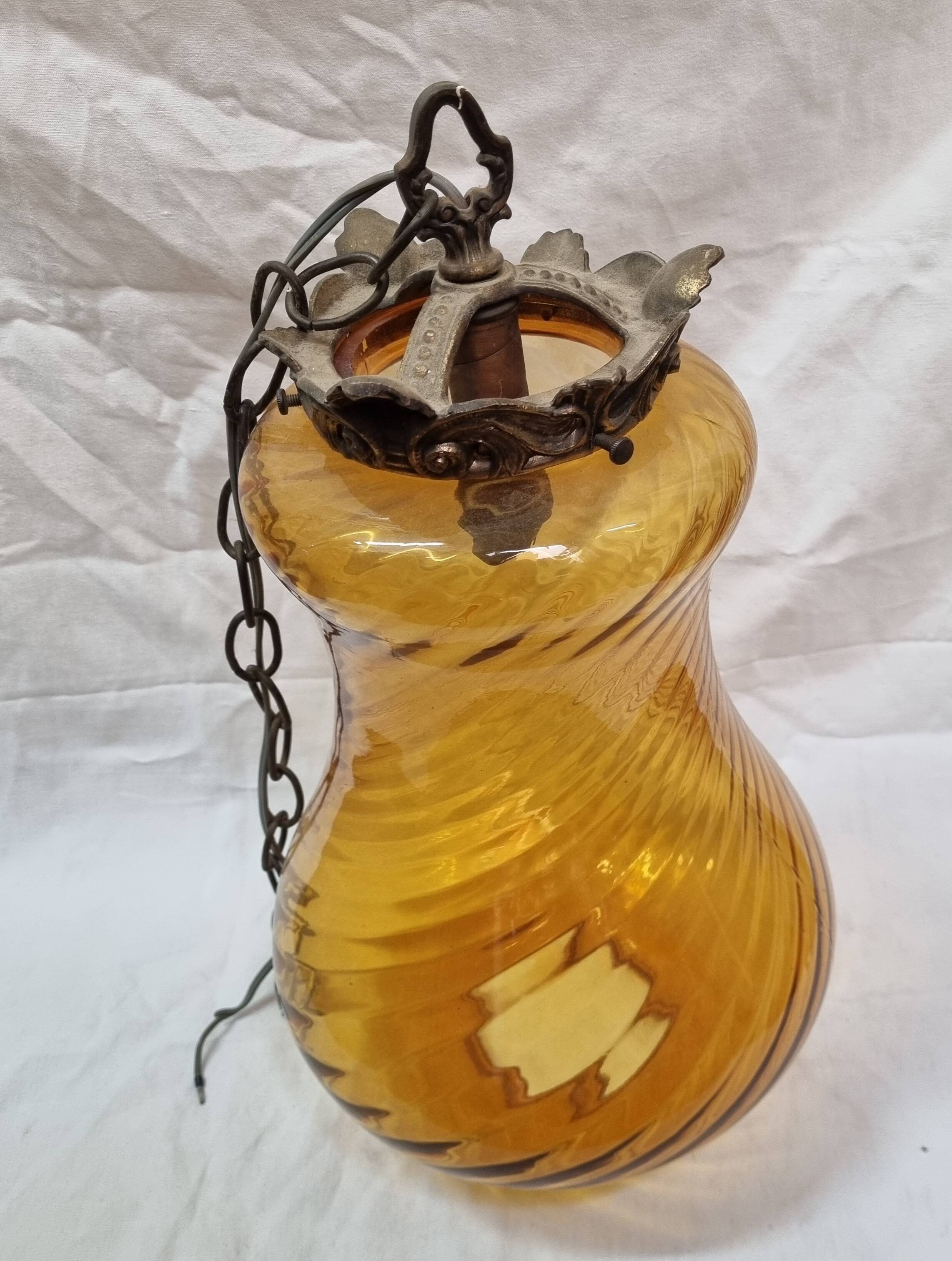 1960 amber glass & bronze pendant light