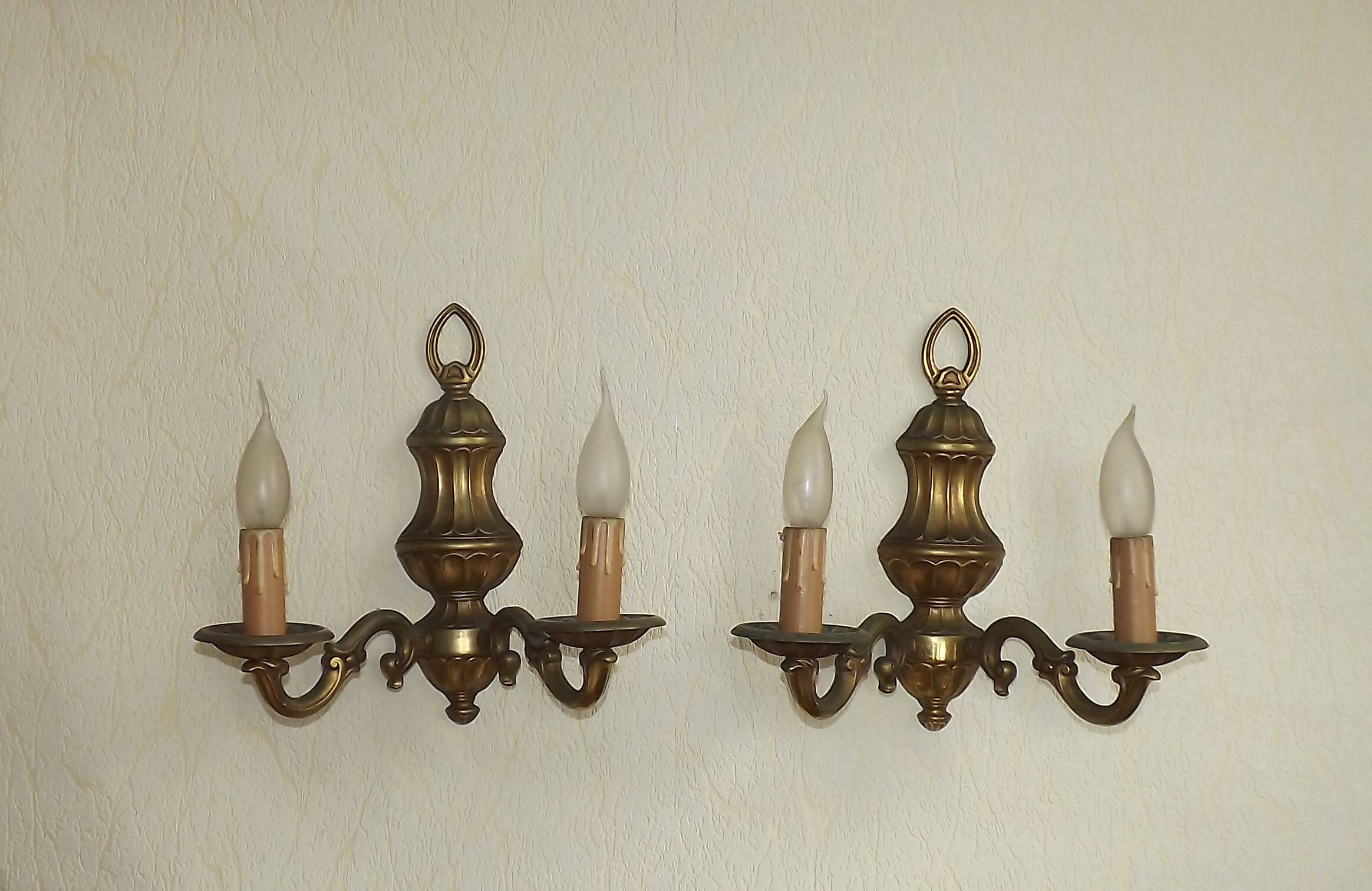 Pair Traditional French Vintage Heavy Brass Empire Style Double Wall Lights