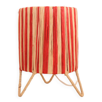 Table lamp in red striped natural raffia