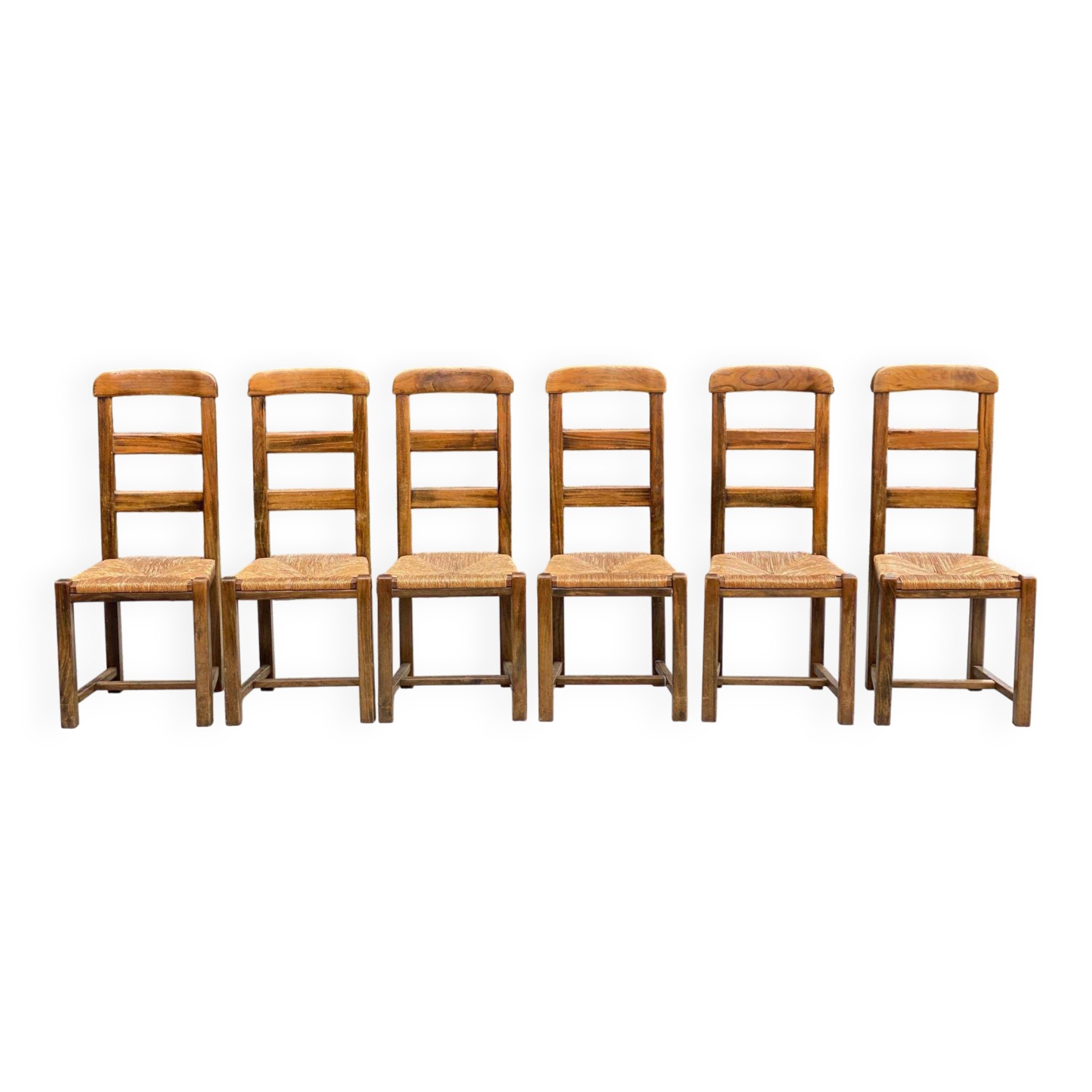 6 vintage solid oak wood straw dining chairs