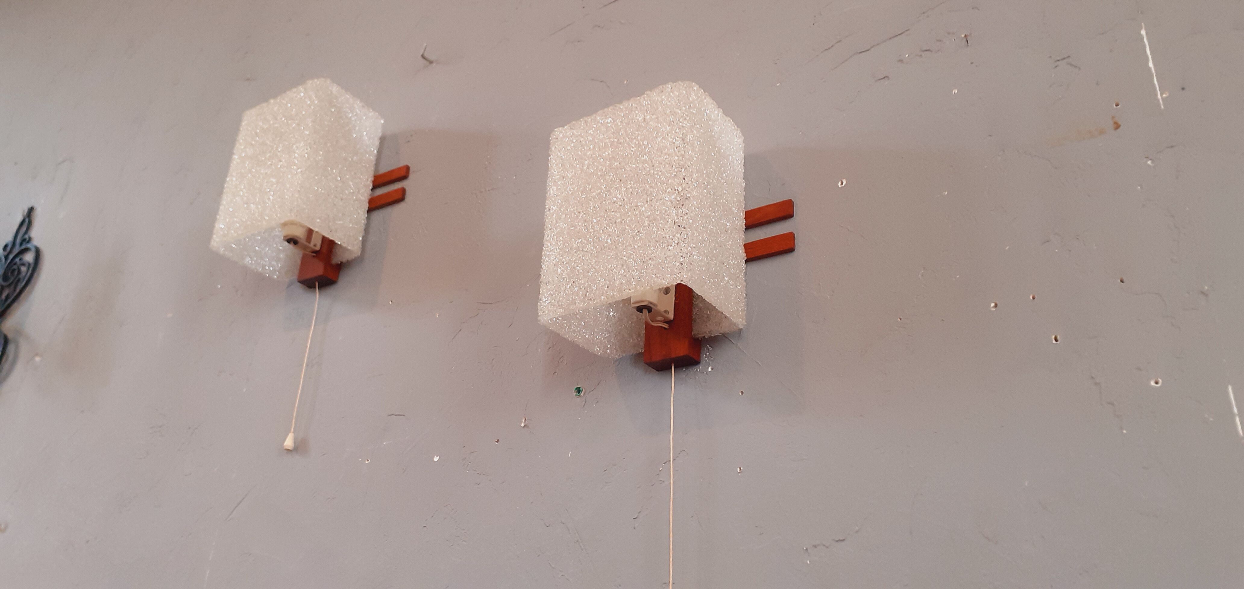 Pair of wall lamps 60s Scandinavian style teak and plexis granite