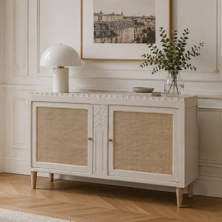 Buffet / enfilade vintage rénové blanc cassé & cannage