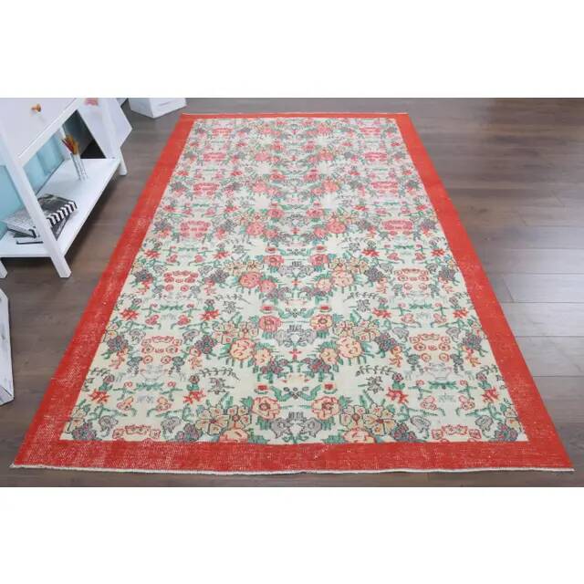 Vintage Turkish Oushak handmade wool cotton beige area rug 177x279