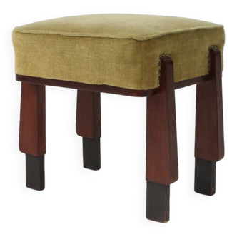 Élégant tabouret/pouf art déco avec revêtement vert (3 pièces), France années 1930