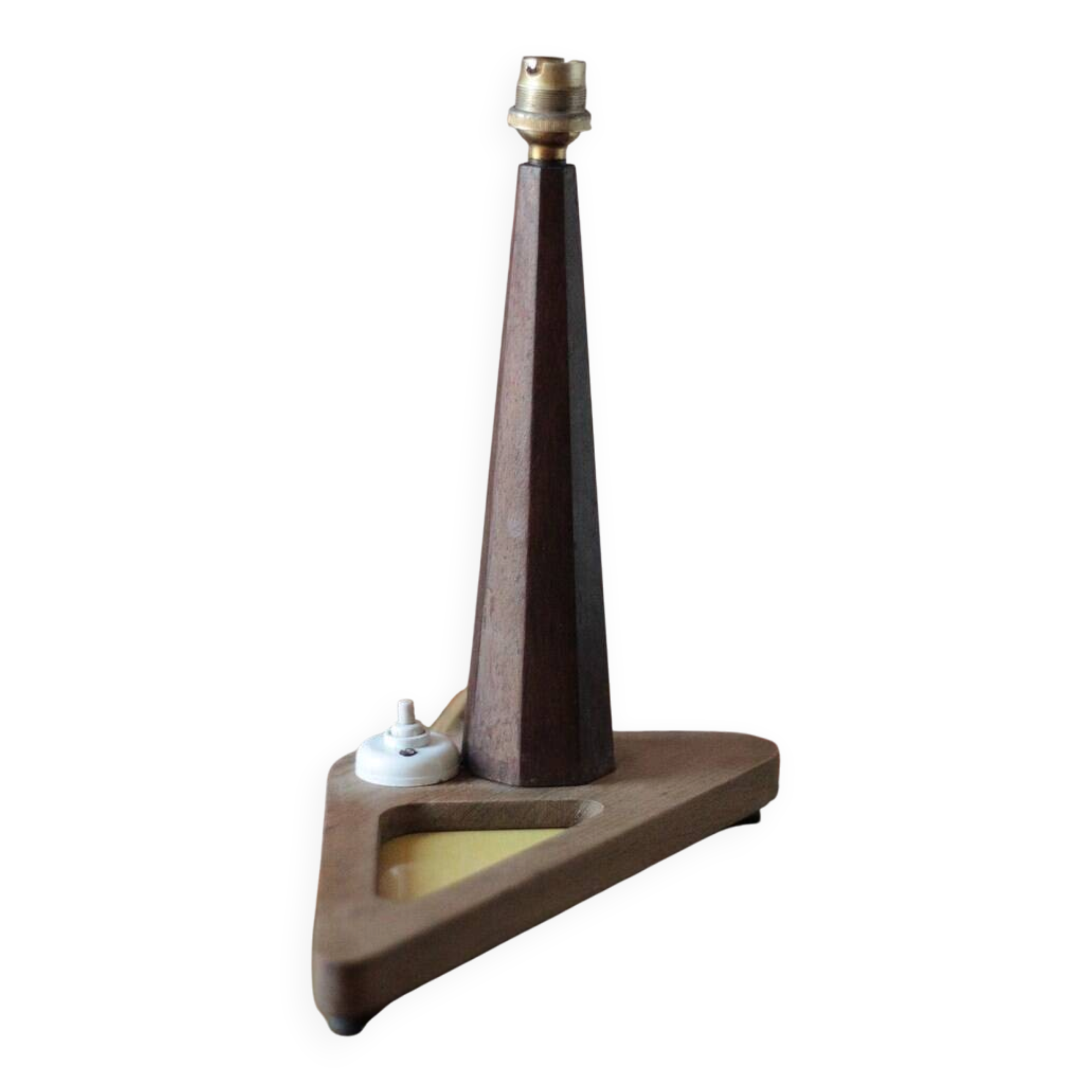 Art Deco lamp, table lamp, bedside lamp, conical wooden lamp with triangular base, 40s.