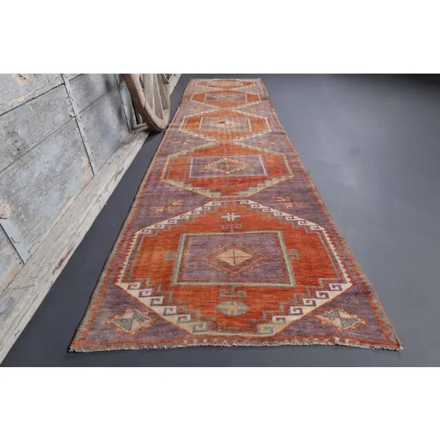 1970s Vintage Turkish Oushak Diamond Wool Runner 90x351