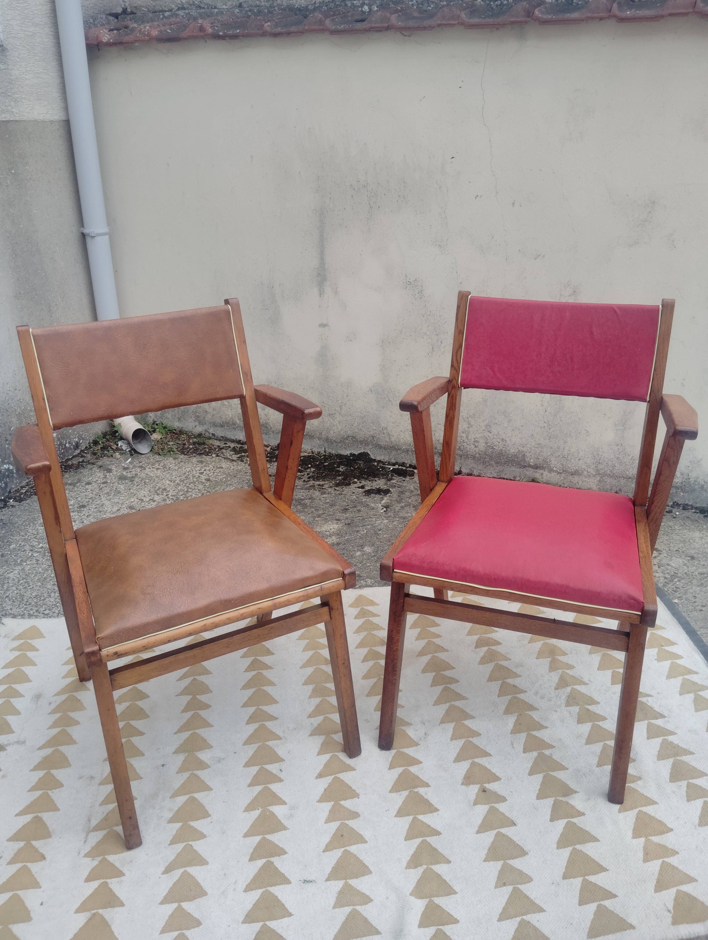 Set 7 chaises et 2 fauteuils bridge vintage chêne+simili