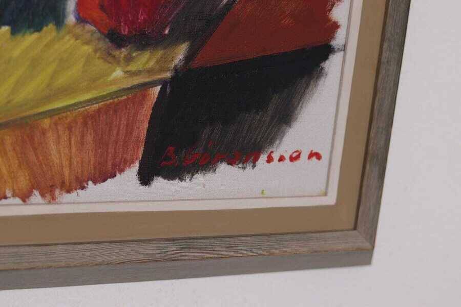 Original mid-century Swedish oil on canvas – “Kubisk Jug and Fruit” by Bror Göransson – vintage & framed – 75 × 58 cm (29.5" × 22.8")