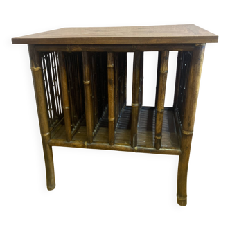 Side table, bamboo base and walnut top. Lacquer decoration