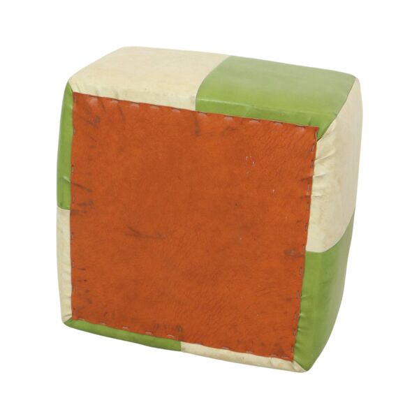 Pouf carré vintage skaï simili cuir vert crème 43cm