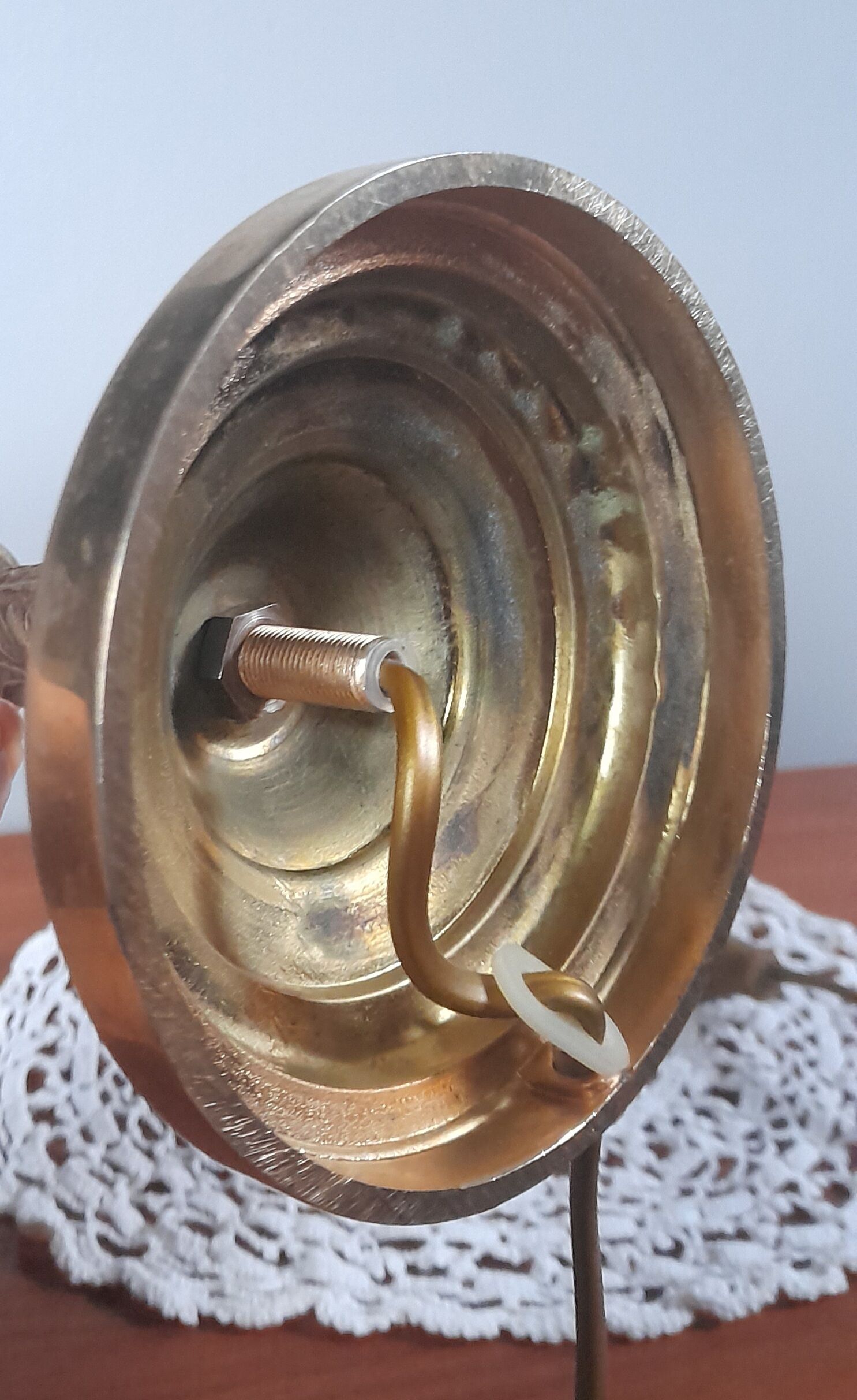 Table lamp bronze foot lampshade pagoda white and blue 50s