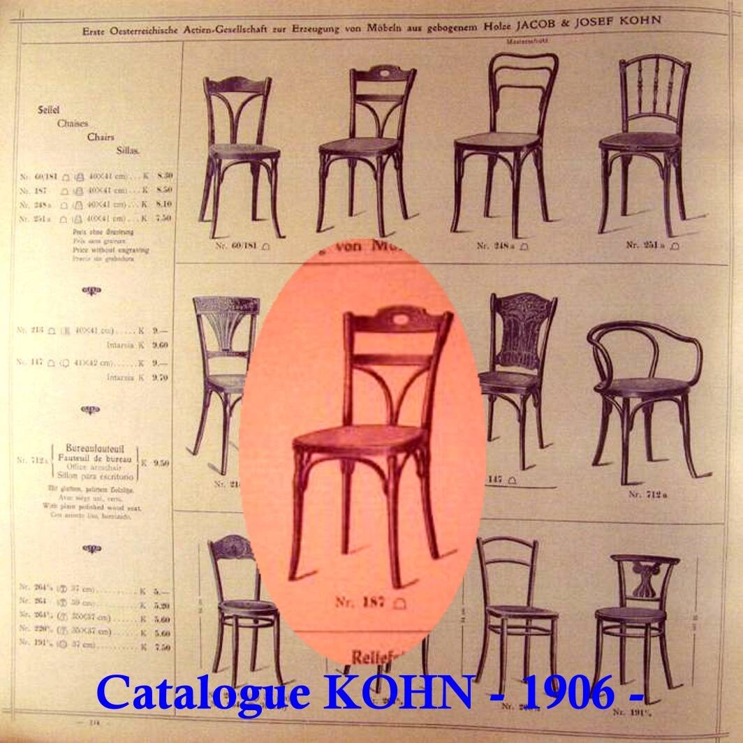 2 bistro chairs from 1905 by KOHN No. 187, wooden seats with 5 fleur-de-lis motifs