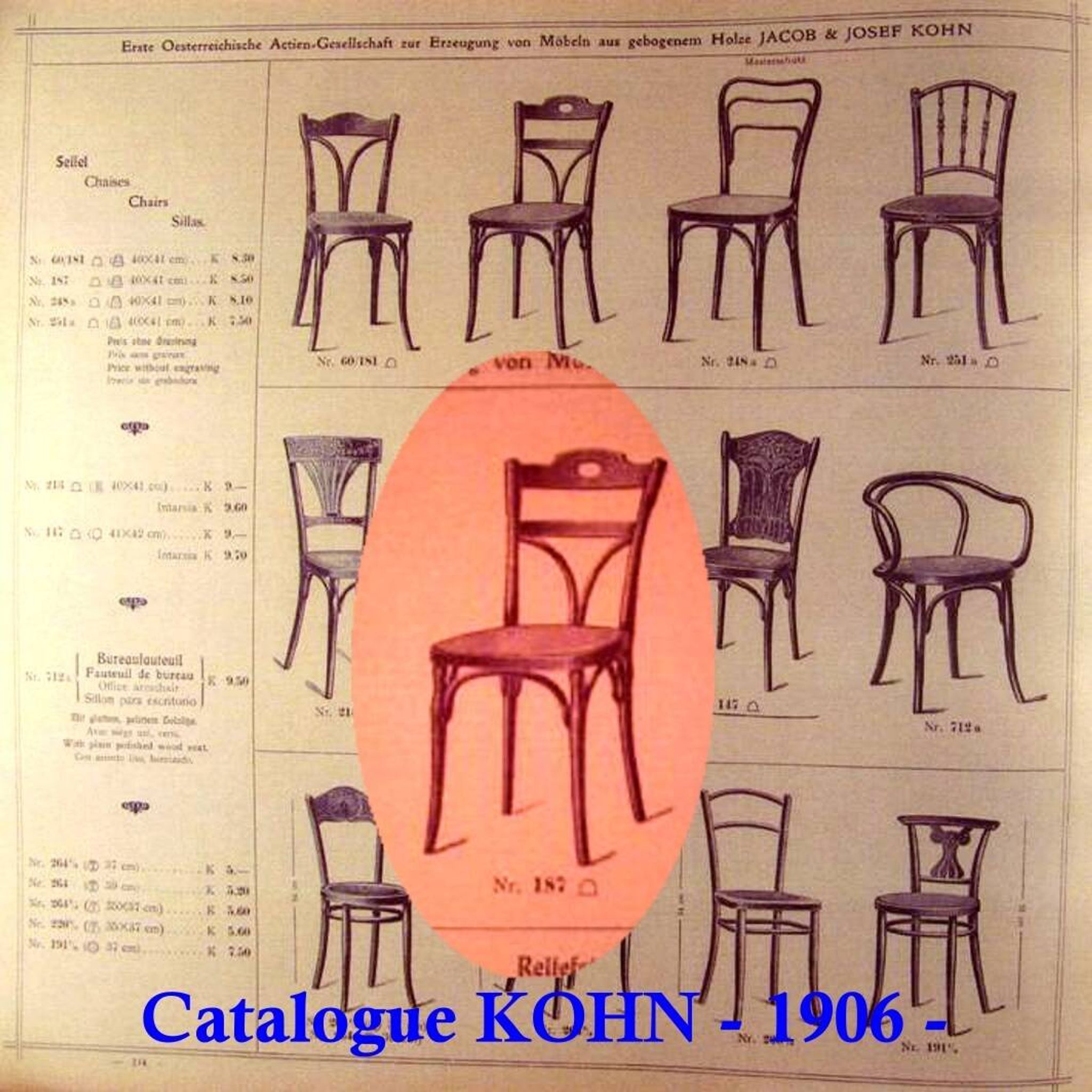 2 bistro chairs from 1905 by KOHN No. 187, wooden seats with 5 fleur-de-lis motifs