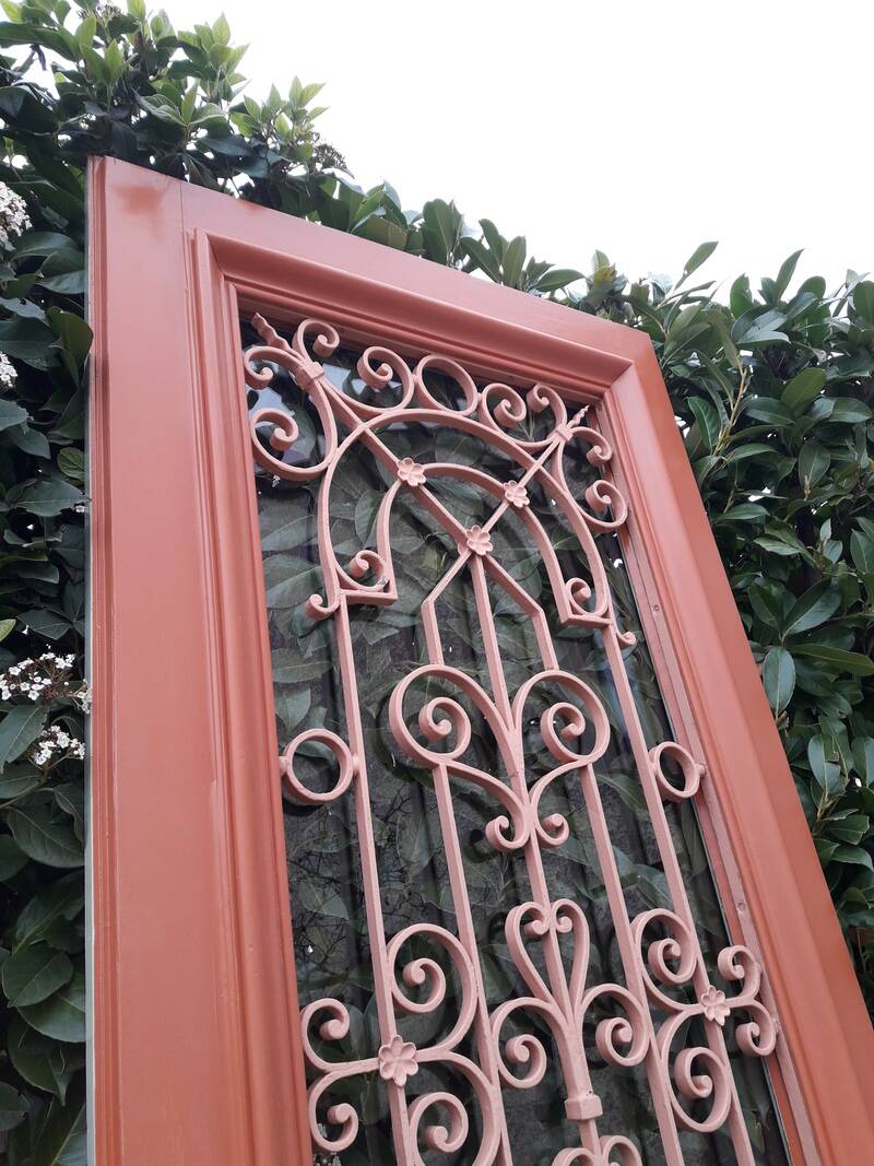 Entrance door 264x99cm old walnut oak wrought iron grille glass panel