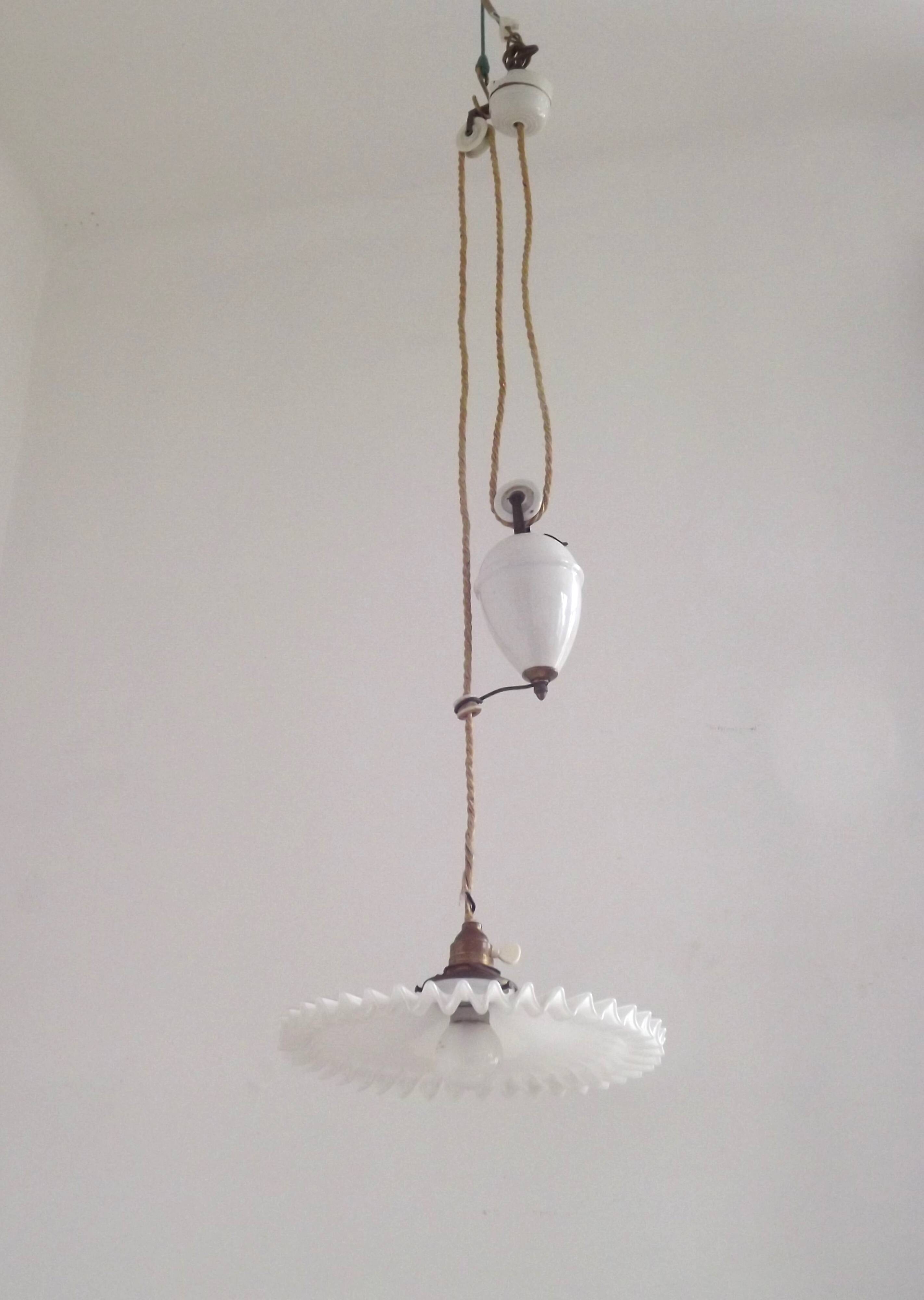 Vintage French Rise & Fall Counterbalance Ceiling Light Opaline Glass Shade