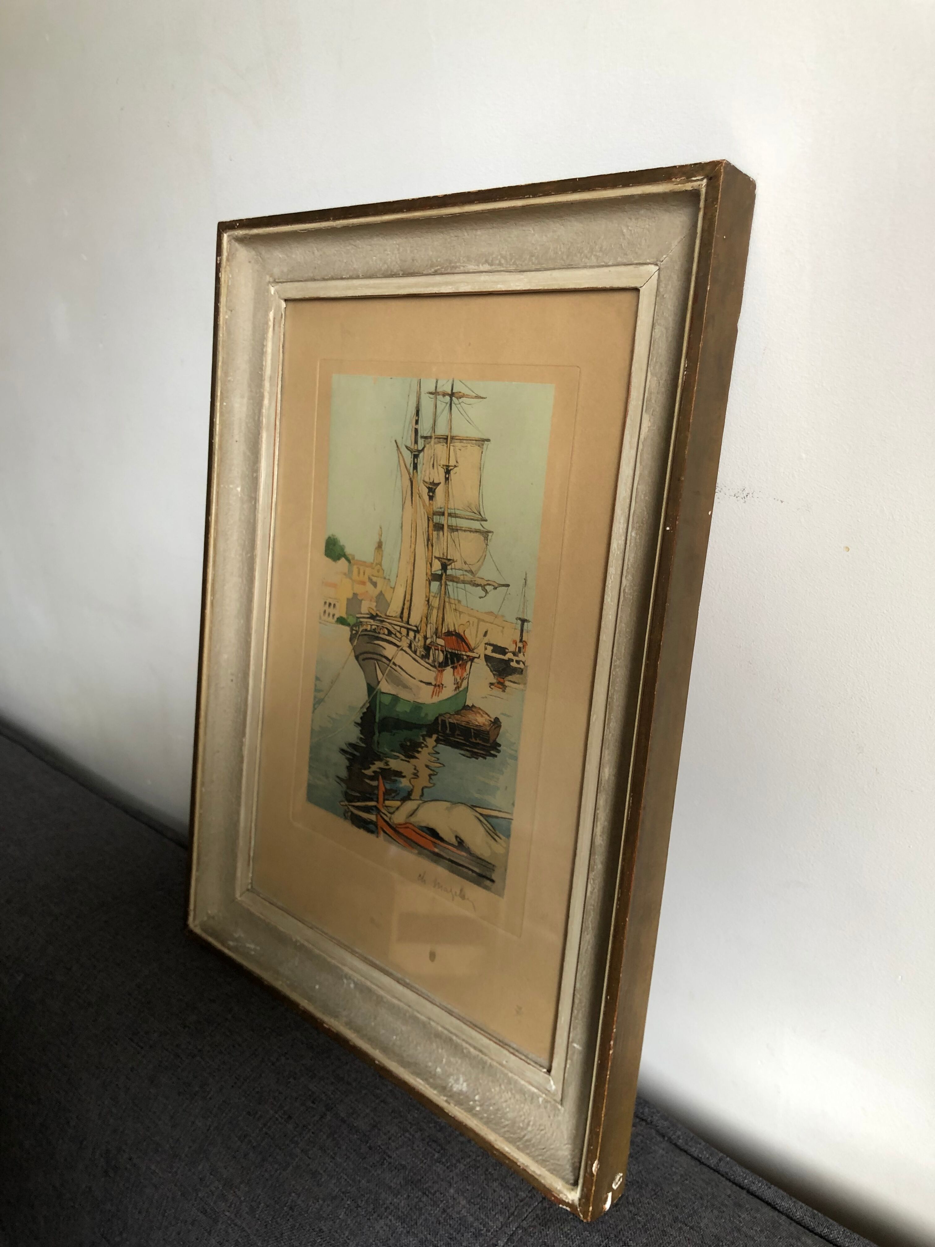 Framed engraving port landscape