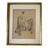 Orientalist drawing in ink and watercolor on paper representing a fabric souk