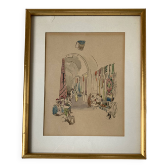 Orientalist drawing in ink and watercolor on paper representing a fabric souk