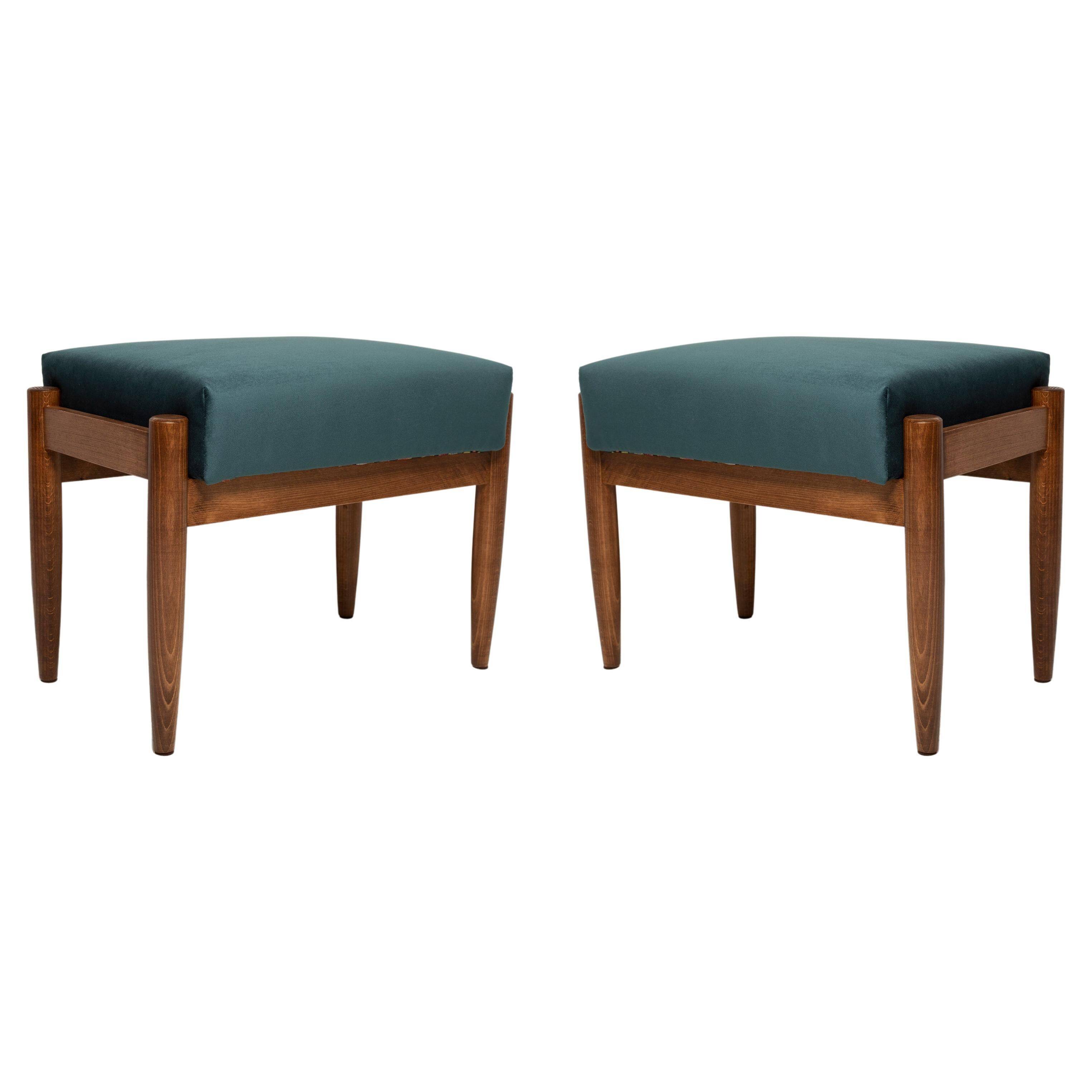 Pair of vintage petrol blue velvet stools from the mid-century, Edmund Homa, 1960s.