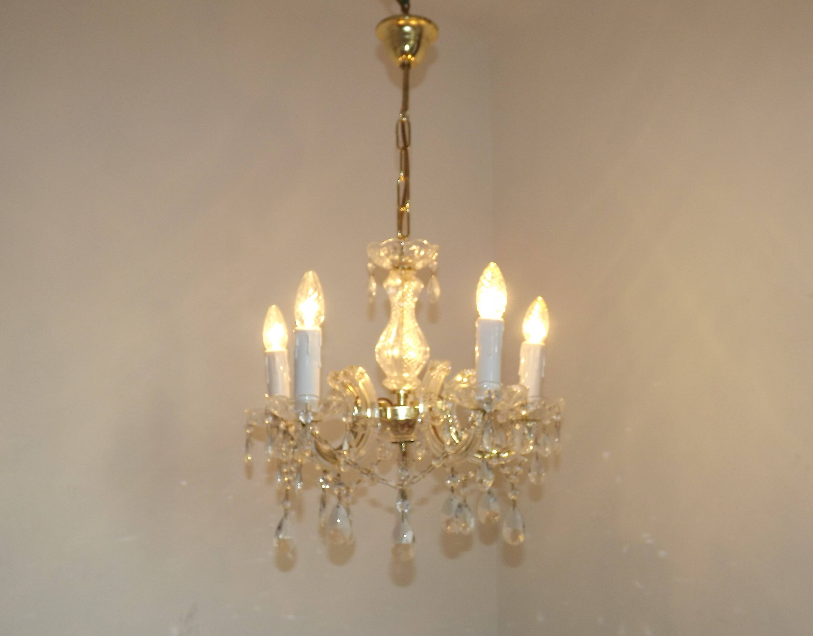 Vintage French Metal Crystal and Glass 5 Arm Paris Chic Style Chandelier