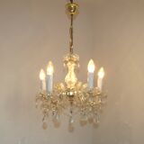 Vintage French Metal Crystal and Glass 5 Arm Paris Chic Style Chandelier