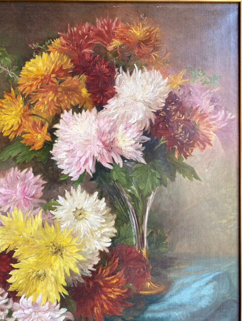 Ancient painting, dead nature with dahlias, signed, dated, late 19th century