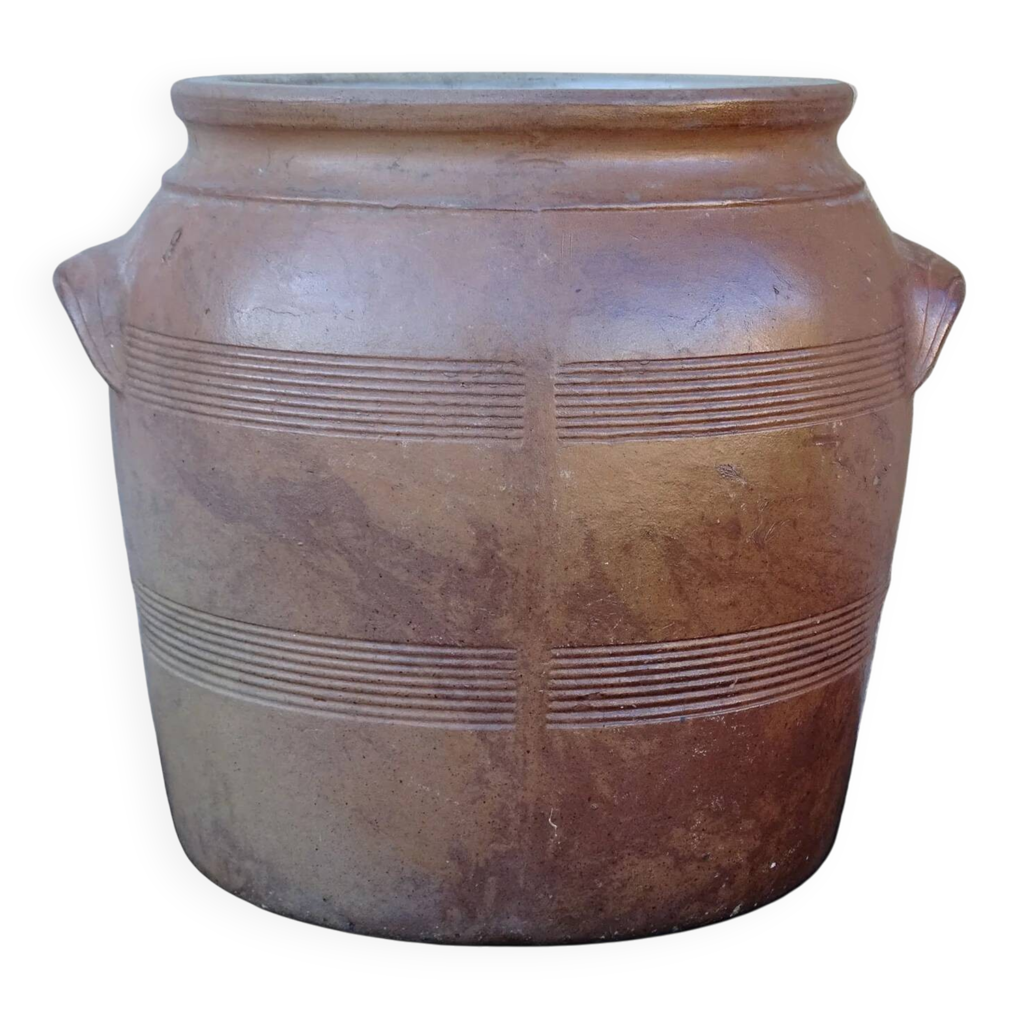 Grand pot à confit ancien en faïence française à glaçure brune salée