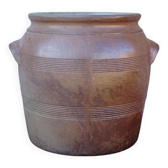 Grand pot à confit ancien en faïence française à glaçure brune salée