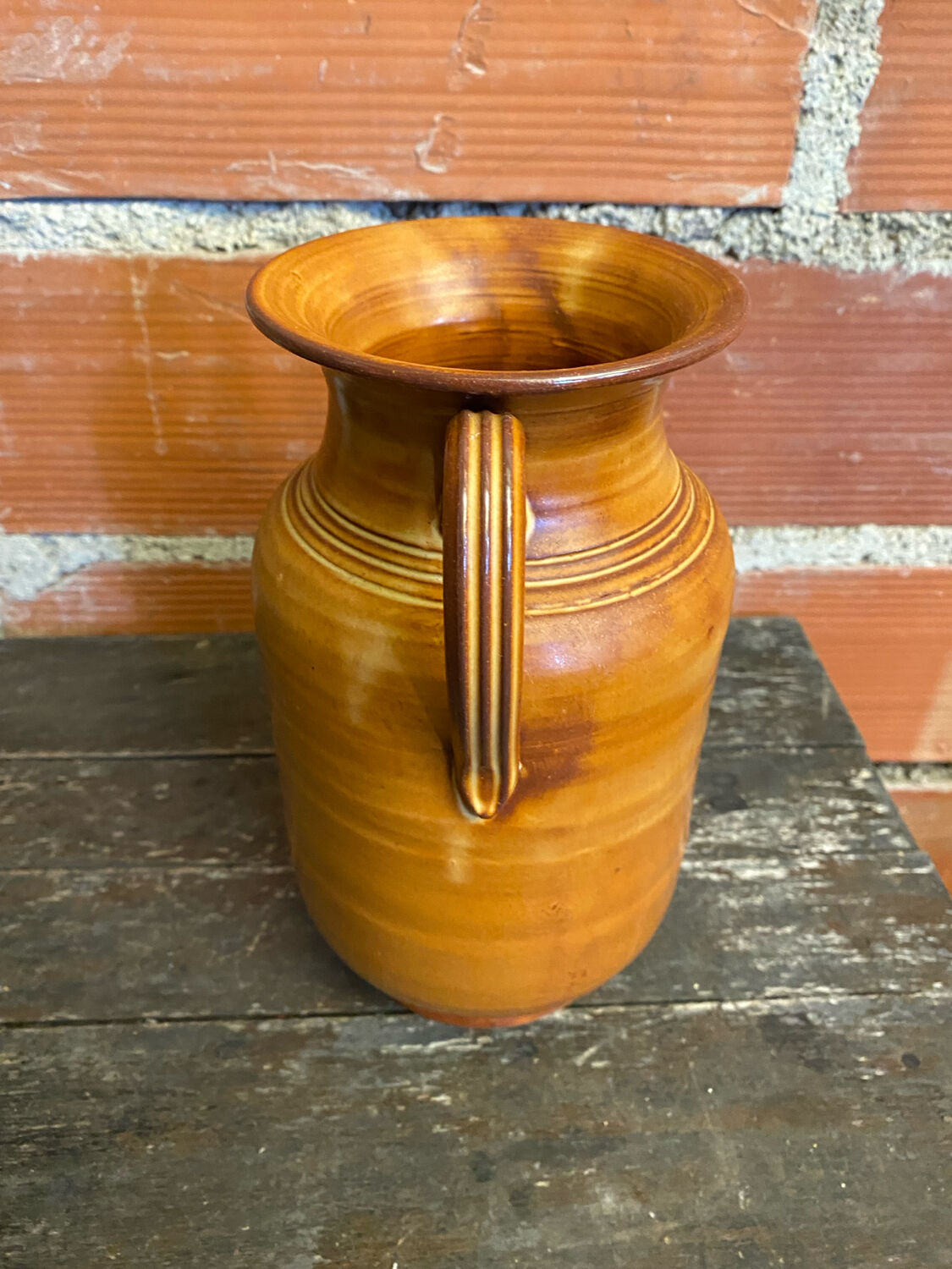 Vintage Beige Ceramic Handled Vase from the 1970s