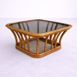 Rattan and smoked glass coffee table, vintage 1970s design.