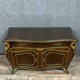 curved chest of drawers with Venetian doors, Louis XV style, in mahogany and gilded wood