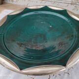 Round oriental hollow dish in deep green ceramic and silver colored metal