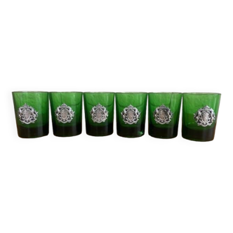 Set of 6 liqueur glasses in green with coat of arms