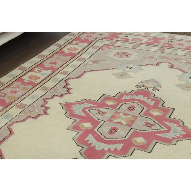 1970s Vintage Turkish Oushak Handmade Wool Cotton Cream Area Rug 150x205