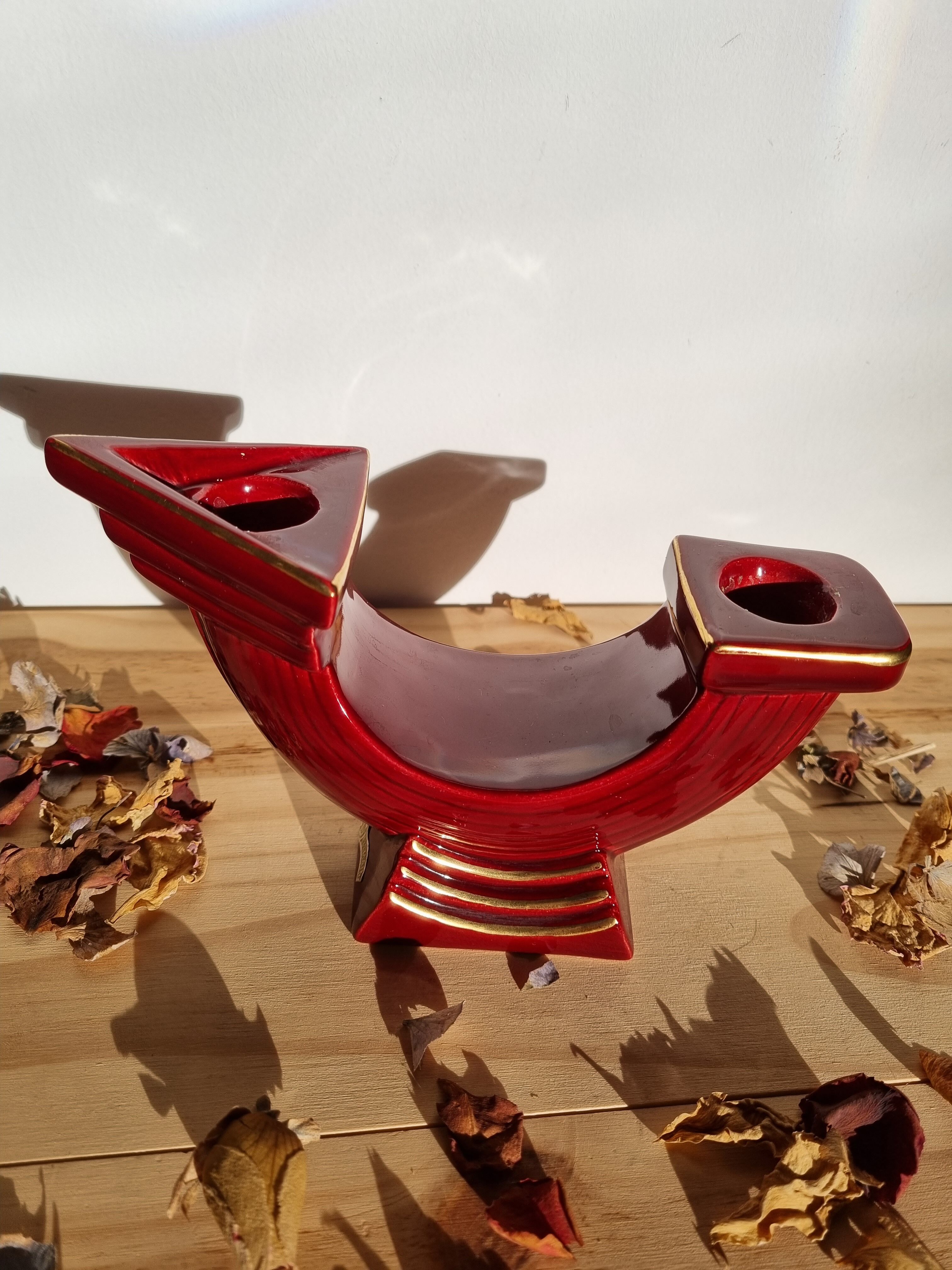 Double ceramic candle holder burgundy gilded