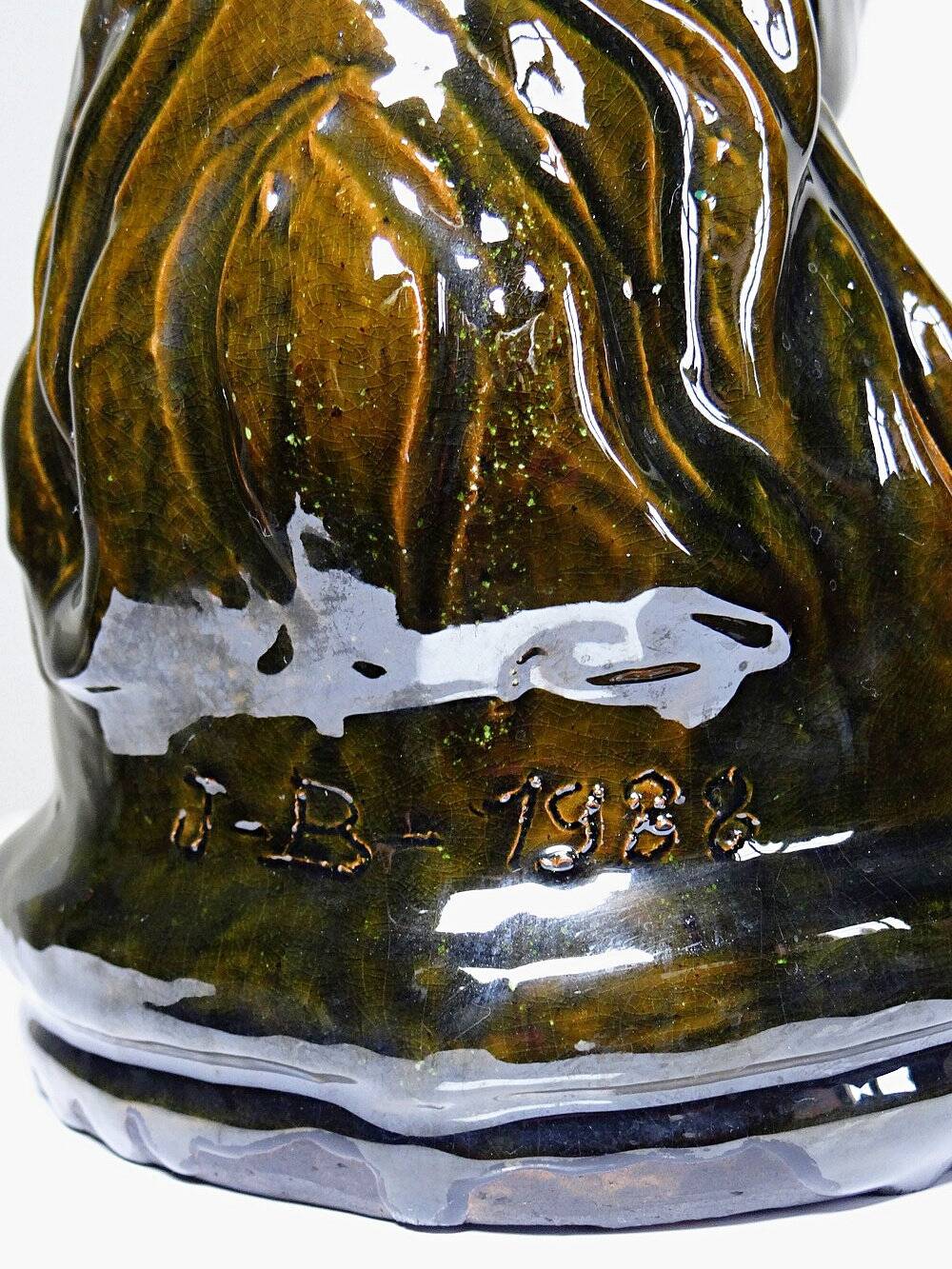 Vintage 1980s glazed terracotta chess knight or horse head.