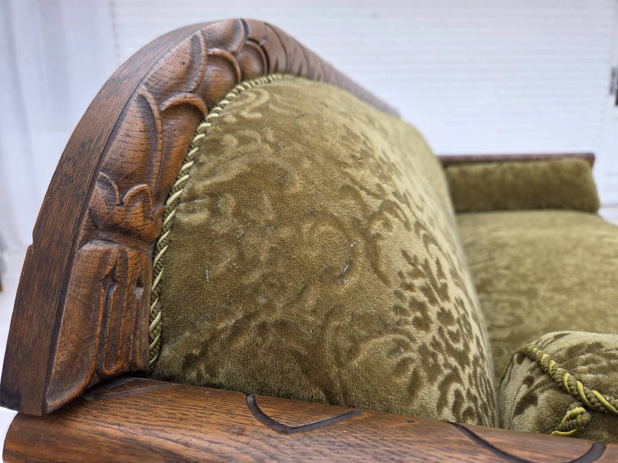 1950s, Danish 3-seater sofa, green furniture velour, oak wood.
