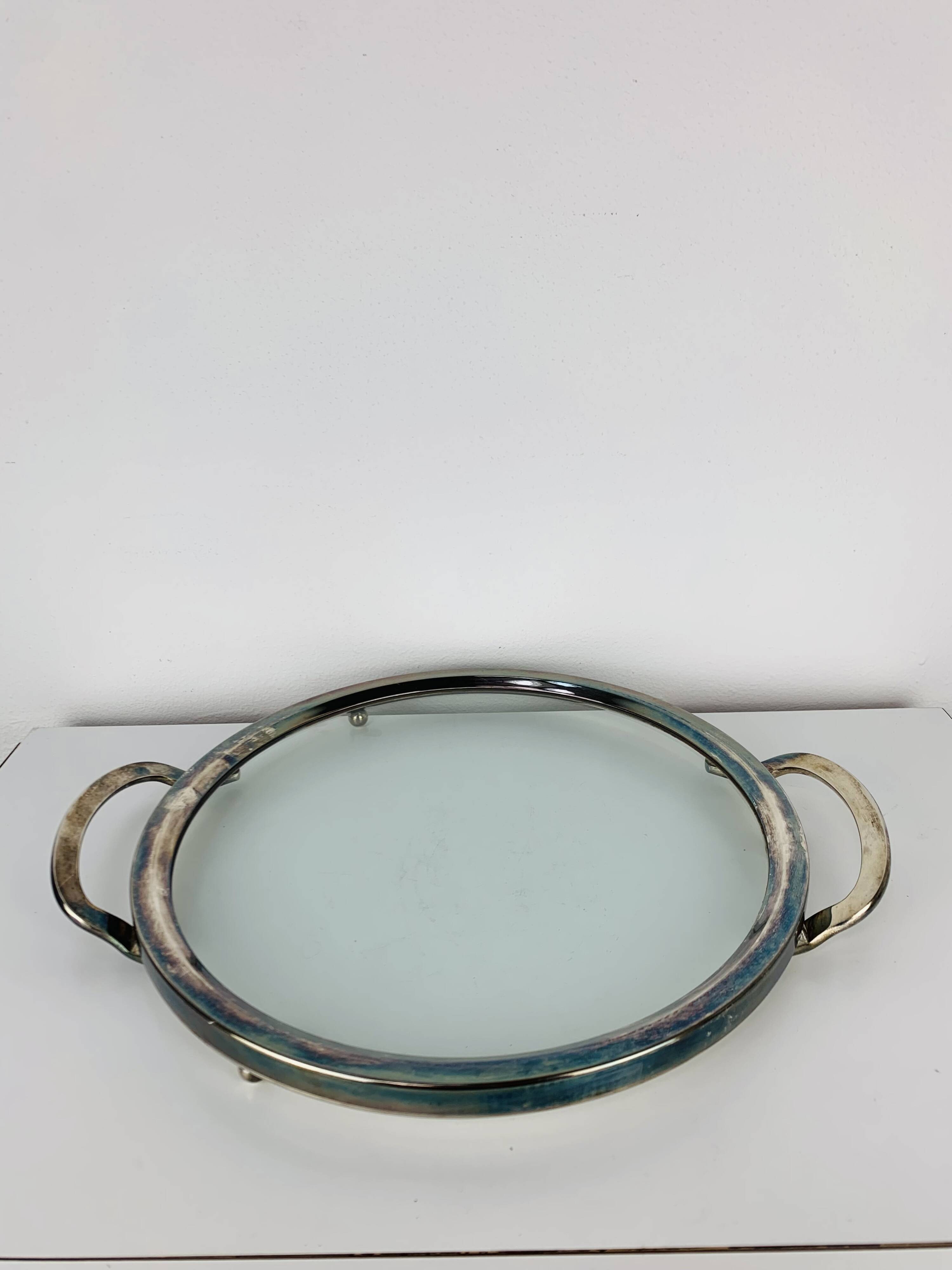 Plateau en métal argenté et verre, vintage