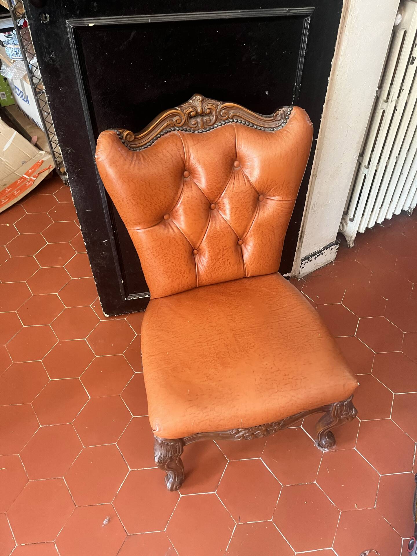 Superb Vintage Louis XV Style Armchair - Cognac Upholstered Faux Leather