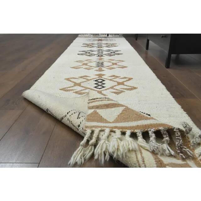 1970s Vintage Turkish Hand-Knotted Wool Cotton Beige Runner Rug 87x366