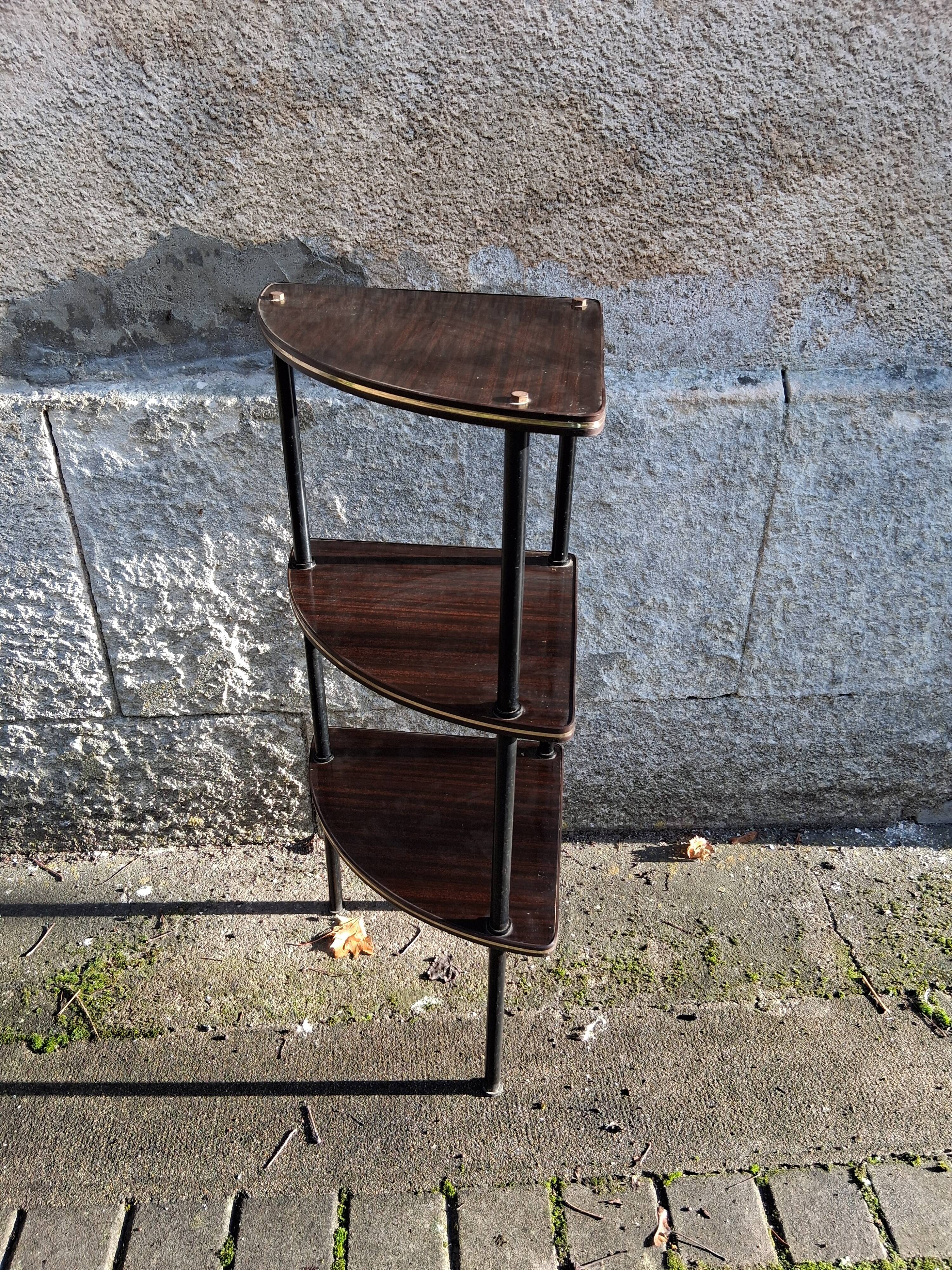 Corner unit with 3 shelves in brown Formica and black metal frame