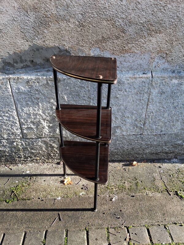 Meuble d'angle à 3 étagères en formica marron et structure métallique noire