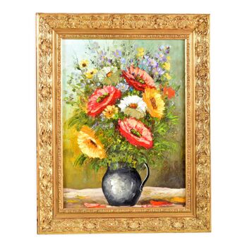 Painting, bouquet of flowers, oil on canvas, old gilded stucco frame